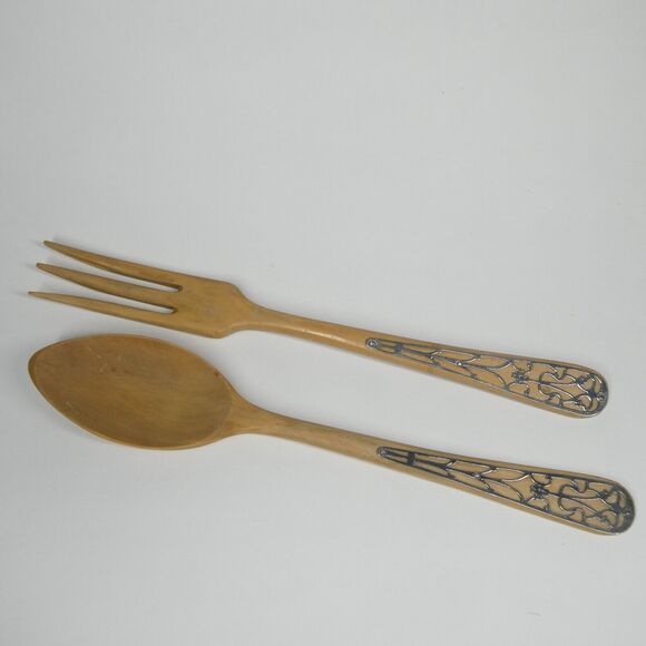 Wooden Salad Serving Set Fork & Spoon Silver Overlay Filigree Handle Vintage MCM - Picture 1 of 8